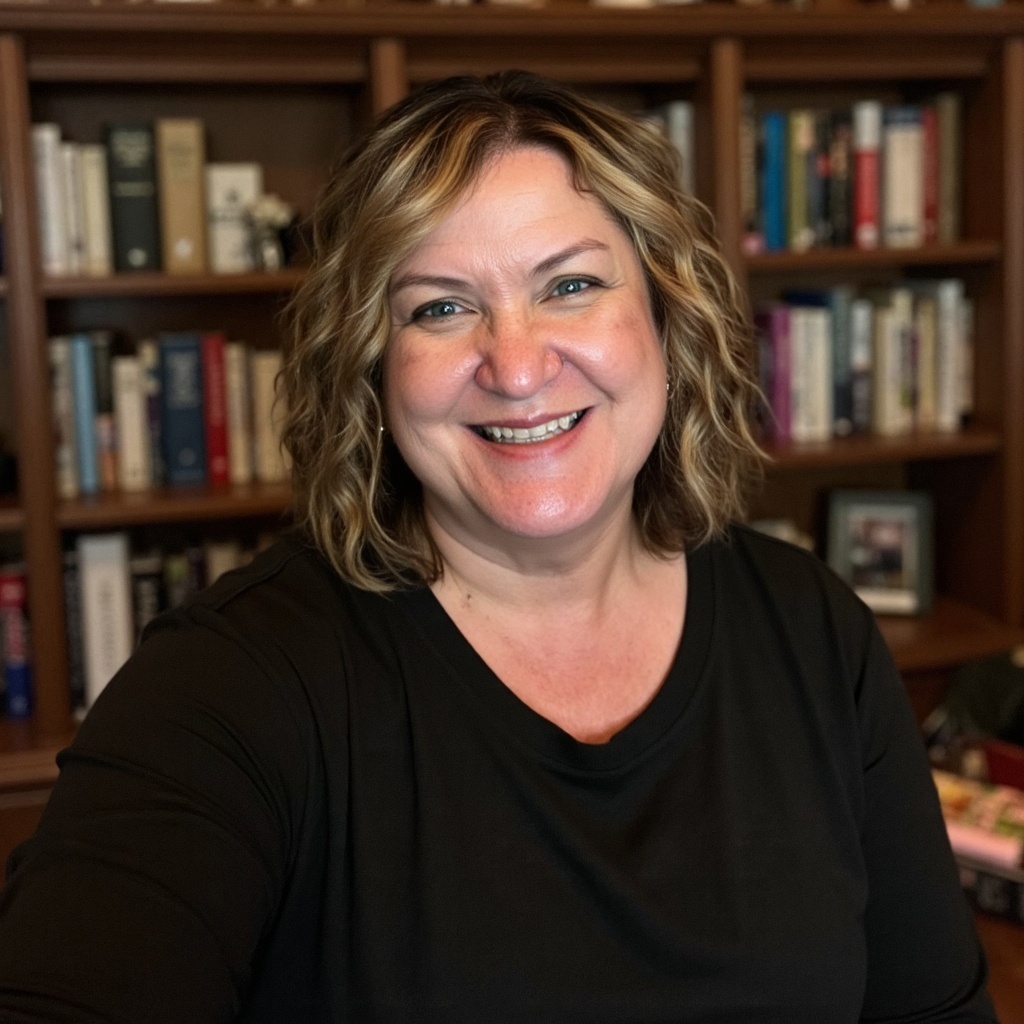 An image with a woman with short red curly hair smiles at the camera with a bookshelf in the background