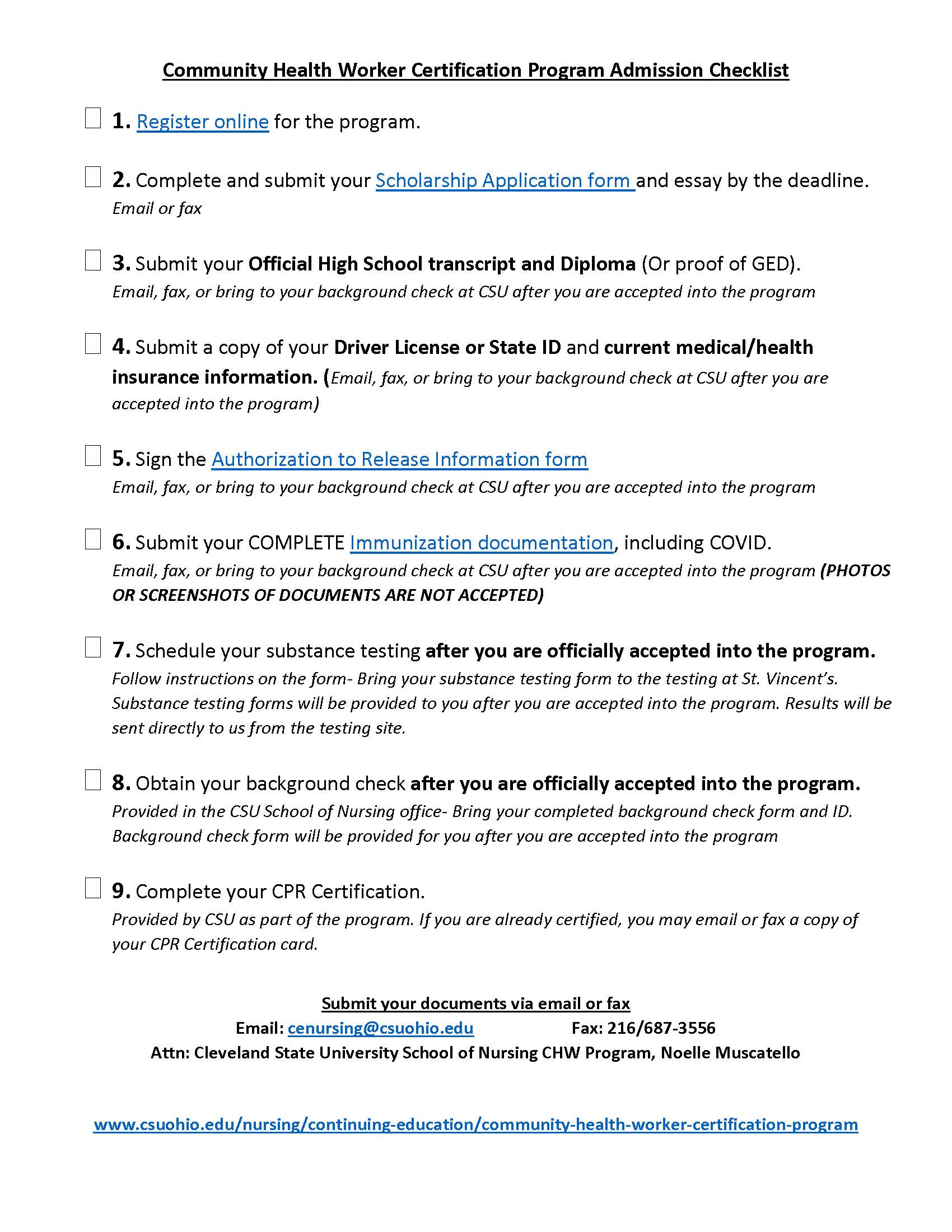 CHW Admissions Checklist