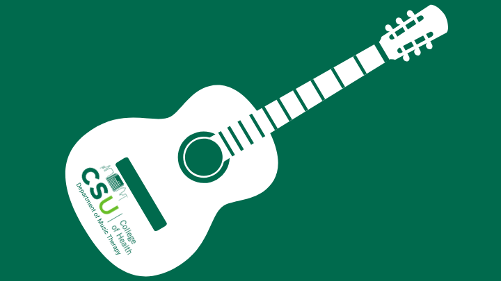 Image with a white guitar on a dark green background with the department of music therapy logo