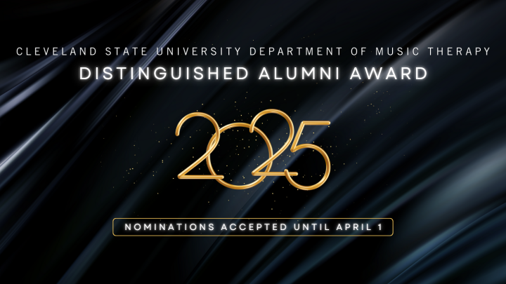 an image on a black curtain background with the text "cleveland state university department of music therapy" and "distinguished alumni award"