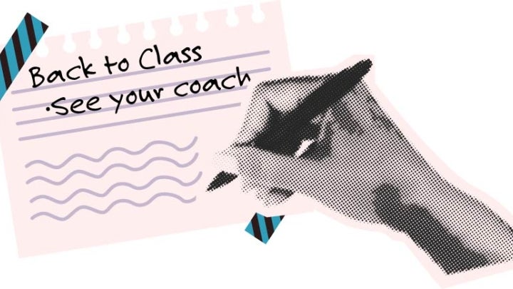 hand writing on note paper "back to class - see your coach"
