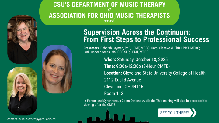 An image with an event invite for a continuing education event hosted by the department of music therapy