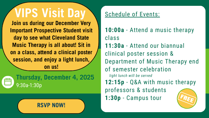 An image with an event invite for the department of music therapy's very important prospective student details