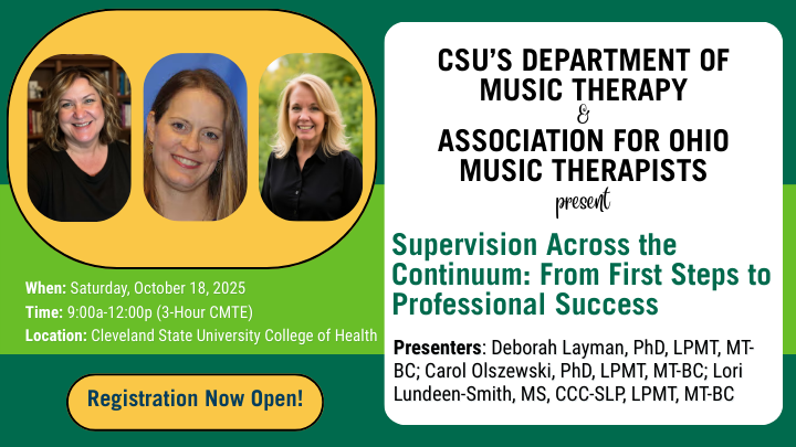 An image with event details for a continuing education event hosted by the department of music therapy