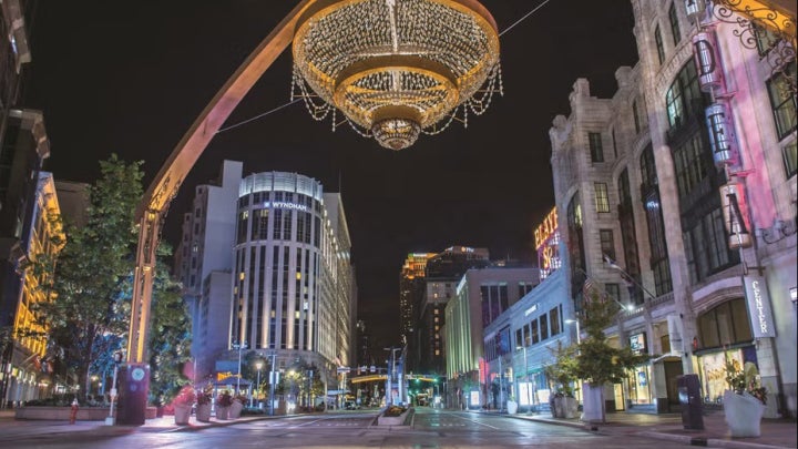 Crowne Plaza hotel with street chandelier in foreground