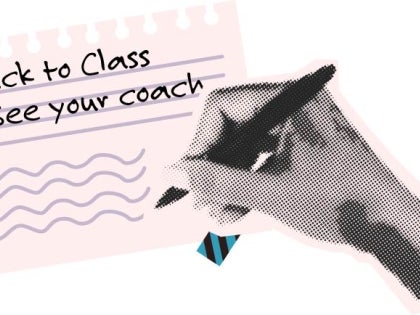 hand writing on note paper "back to class - see your coach"