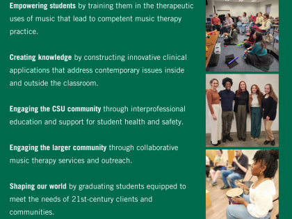 An image with three pictures of students from the department of music therapy with the CSU DMT mission's text