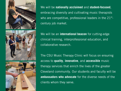 An image with three pictures of students from the department of music therapy with the CSU DMT vision's text