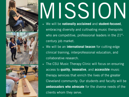 An image with the mission statement of the department of music therapy with pictures of students