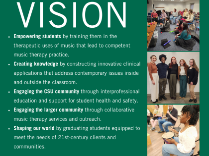 An image with the vision text for the department of music therapy and picture of students