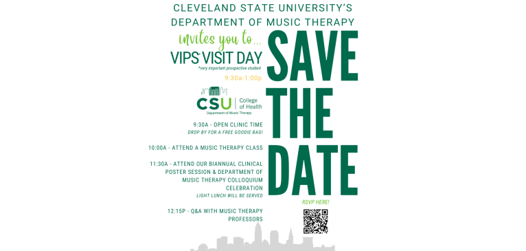 An image with an event invite for the department of music therapy's very important prospective student details