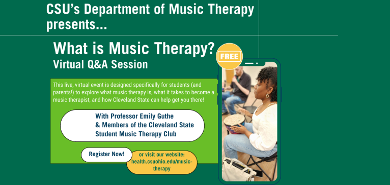 An image with an event invite for a live q & a event hosted by the department of music therapy